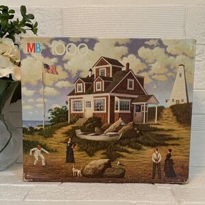 MB 1000-Piece Coastal Cottage Puzzle - Brown & Blue Artwork